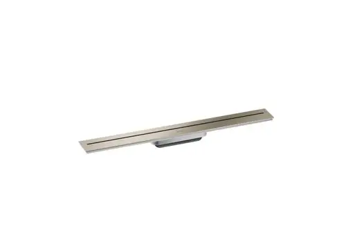 Brushed Nickel Duschrinne von AXOR, flaches Design, geeignet für die Wandmontage, mit zwei schmalen Rillen für den Wasserablauf. Ideal für moderne Badezimmerausstattungen.